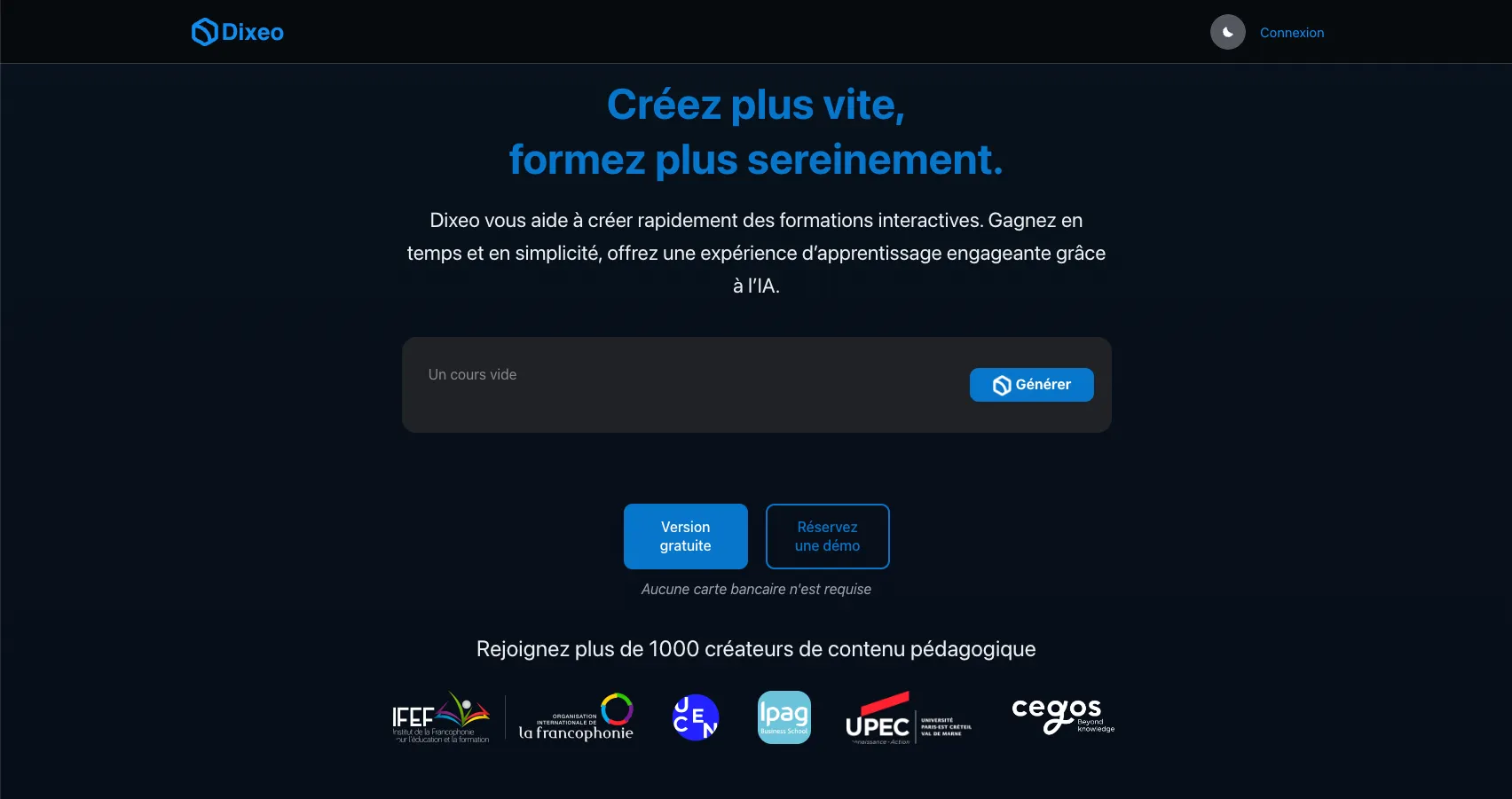 Page d’accueil de dixeo.com avec le champ de génération de cours.