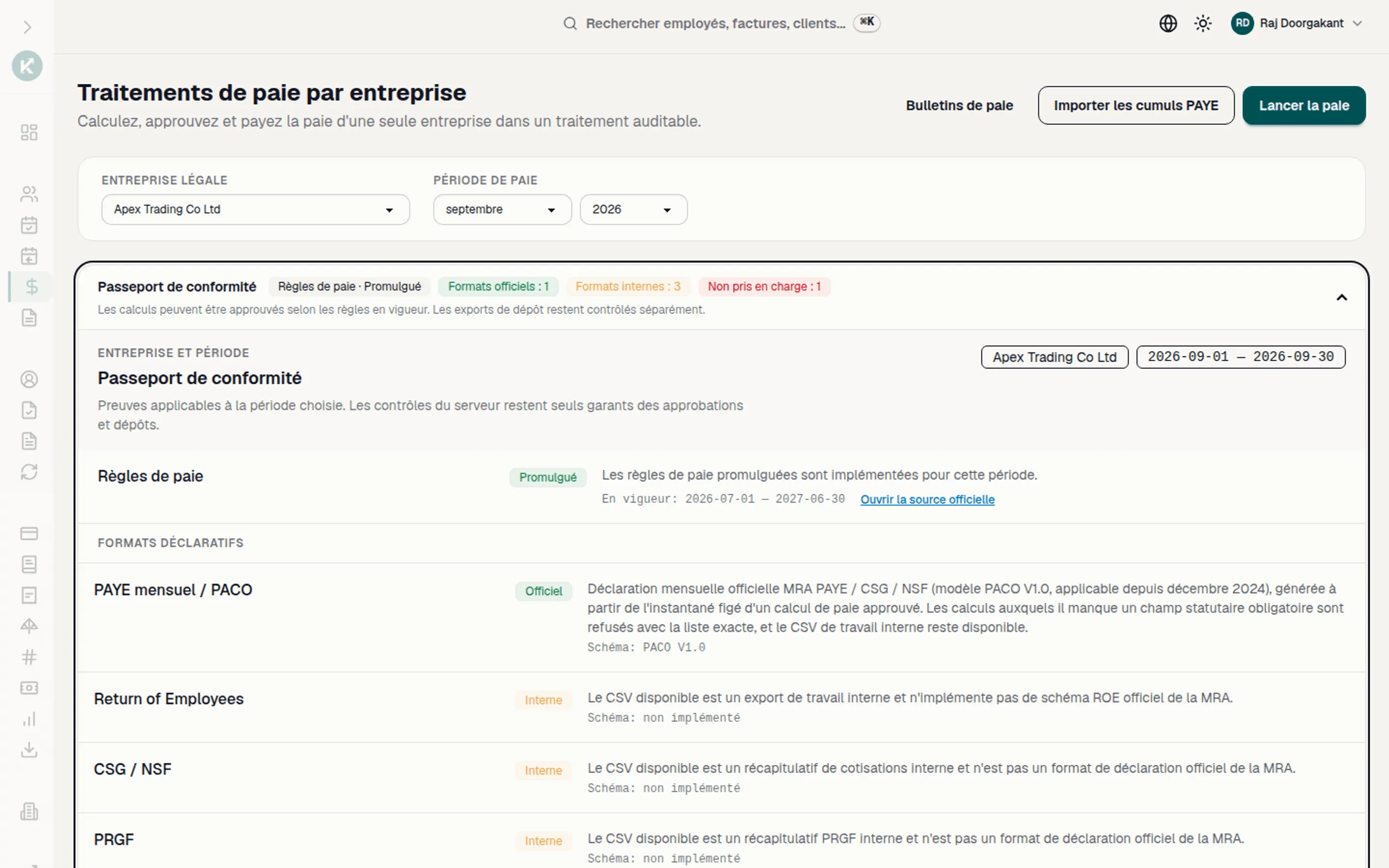 Traitement de paie Konta avec le passeport de conformité et les formats déclaratifs MRA.
