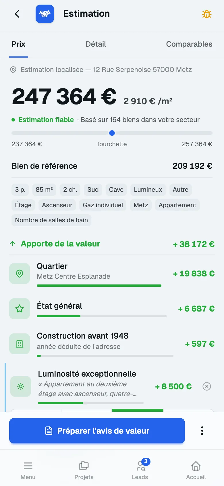 Écran d’estimation ShareAgent : prix, fourchette et ajustements en euros.