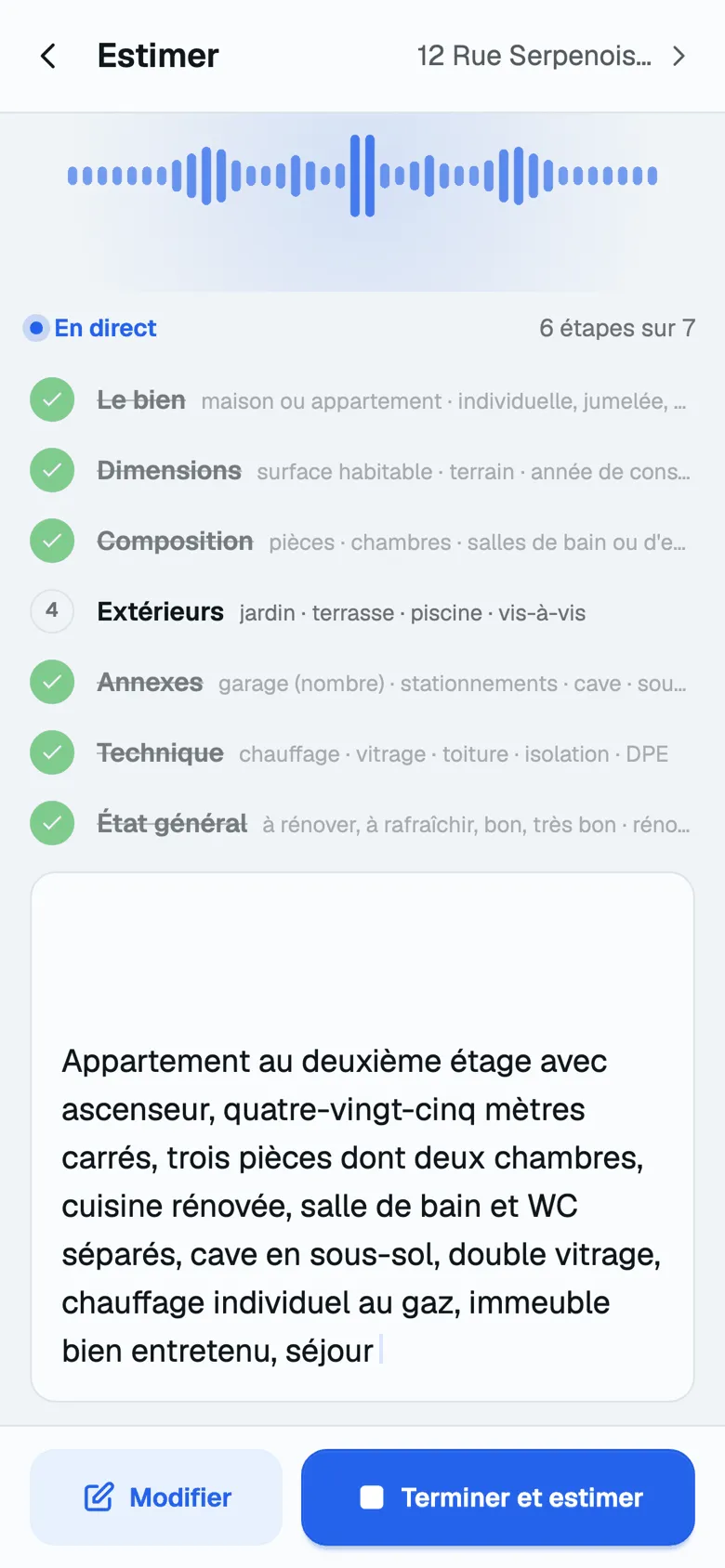 Écran de dictée : les critères du bien sont cochés au fil de la description orale.
