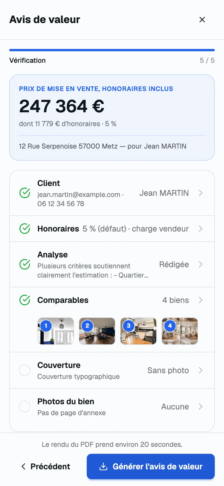 Écran de l’avis de valeur : client, honoraires, analyse et comparables avant génération du PDF.